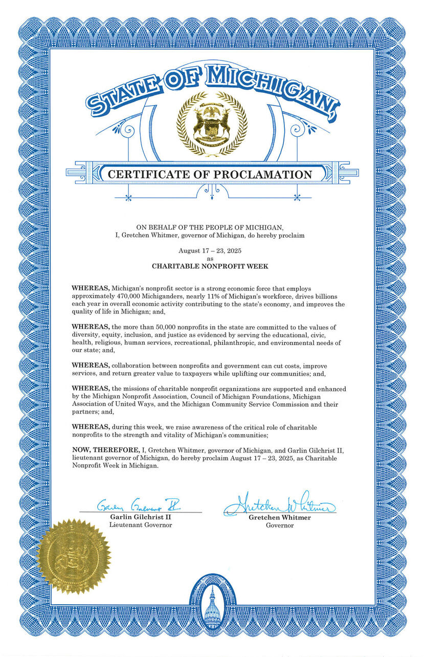 Proclamation from Governor Whitmer: Charitable Nonprofit Week