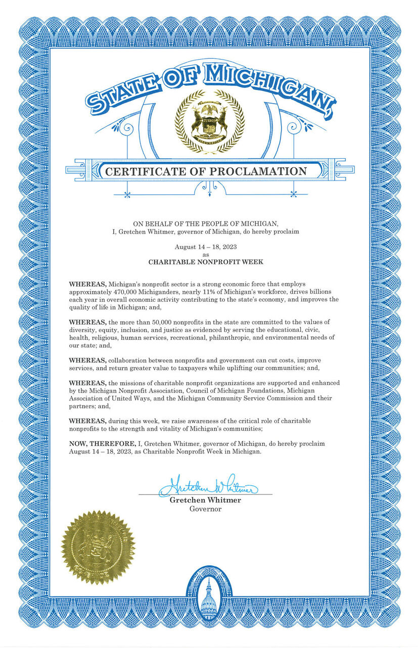 Whitmer Proclaims August 14-18 as Charitable Nonprofit Week in Recognition of Contributions of MI